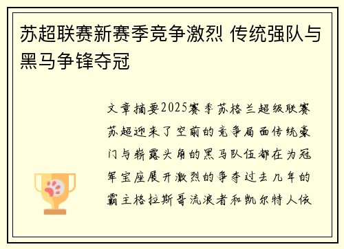 苏超联赛新赛季竞争激烈 传统强队与黑马争锋夺冠