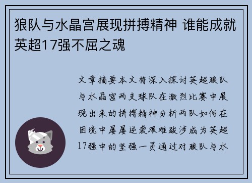 狼队与水晶宫展现拼搏精神 谁能成就英超17强不屈之魂